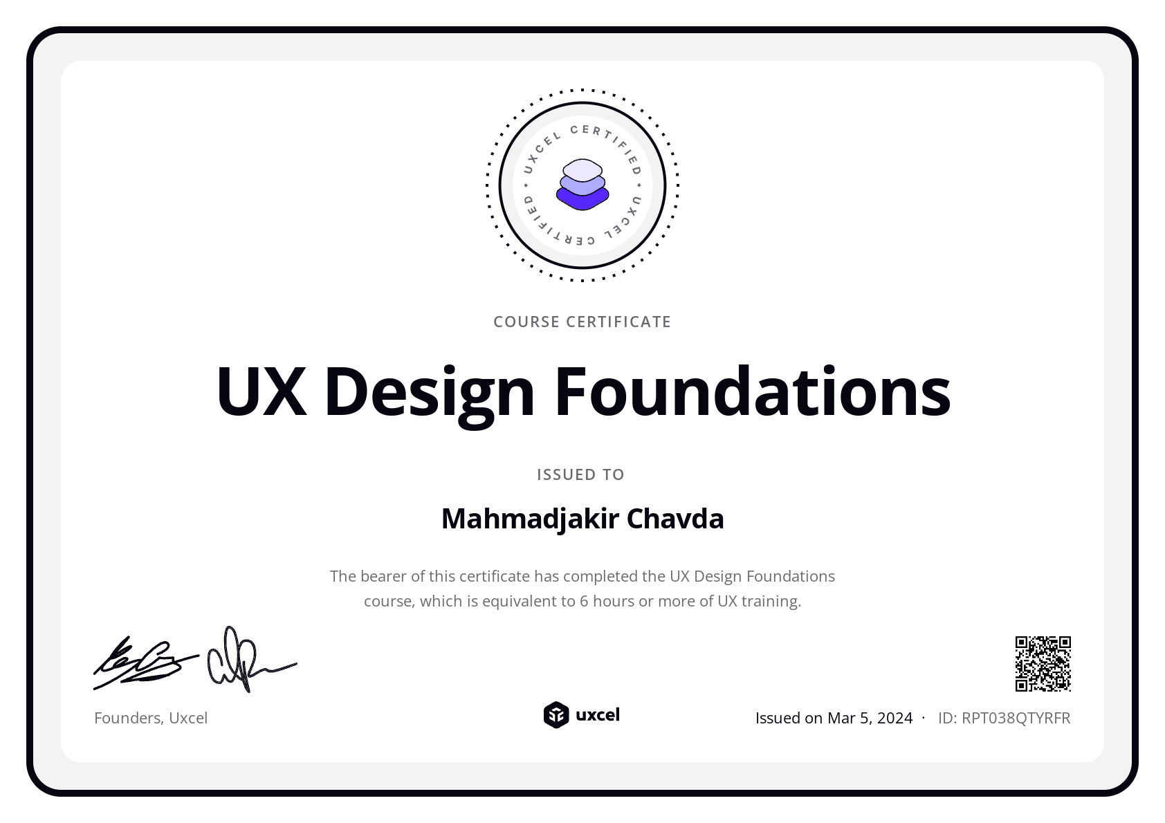 Chavda Mahmadjakir's certificate